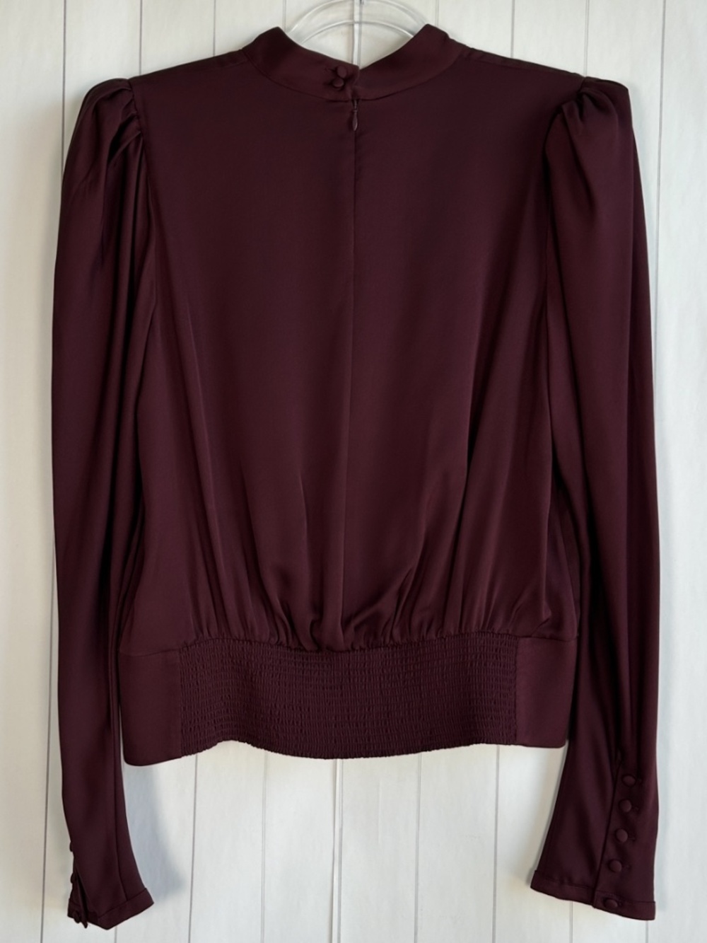 Frame size L long sleeve keyhole blouse 100% silk burgundy smocked high neck - Picture 6 of 12